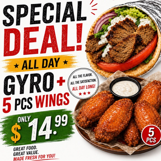 POS Gyro on pita with 5 pieces of wings