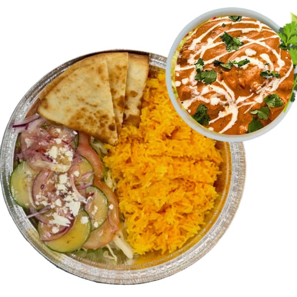 Halal platter with yellow rice, salad, pita bread, and a side of creamy orange curry.