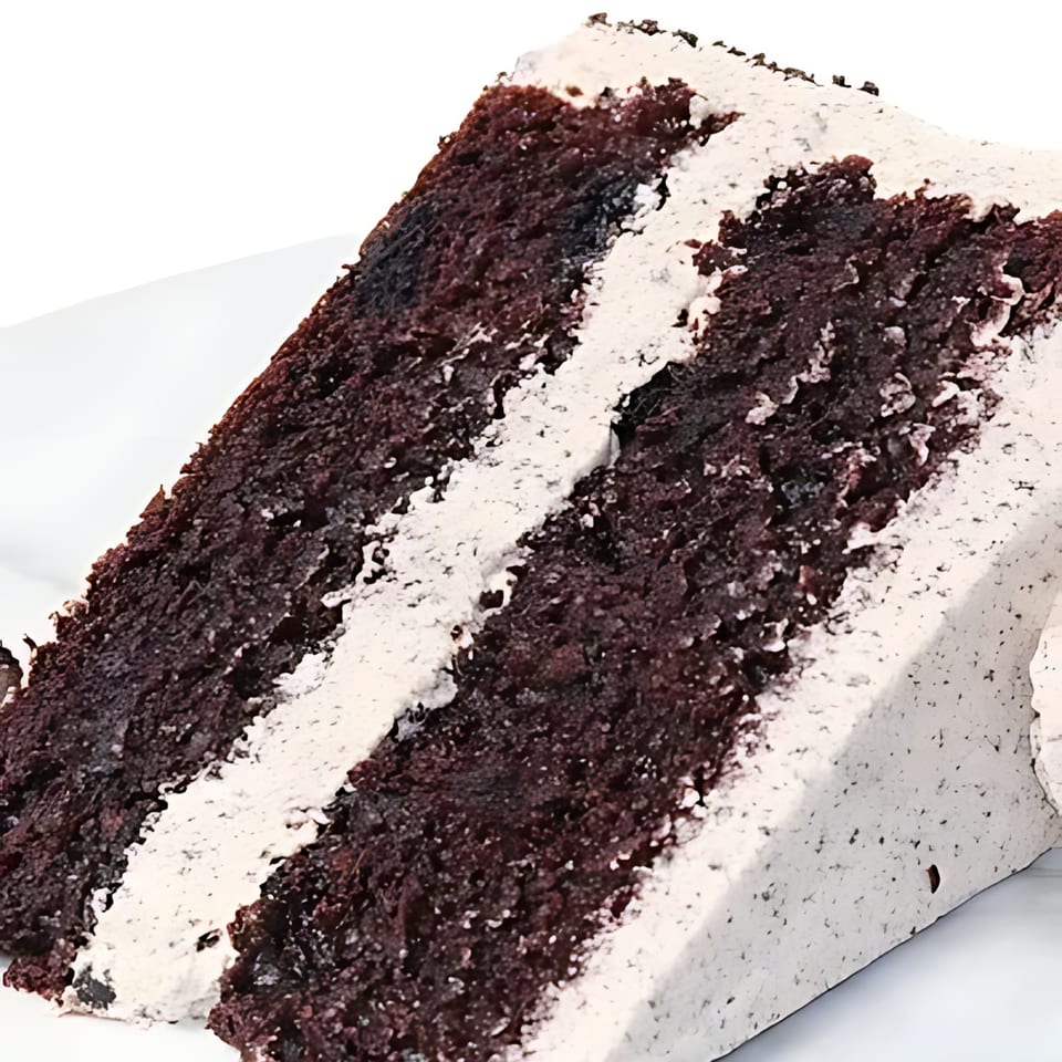 A close-up of a slice of chocolate cake with white frosting layers on a white plate.