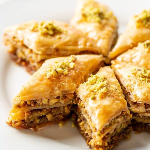 Diamond-shaped baklava pieces, drizzled with syrup and sprinkled with chopped pistachios, on a white plate.